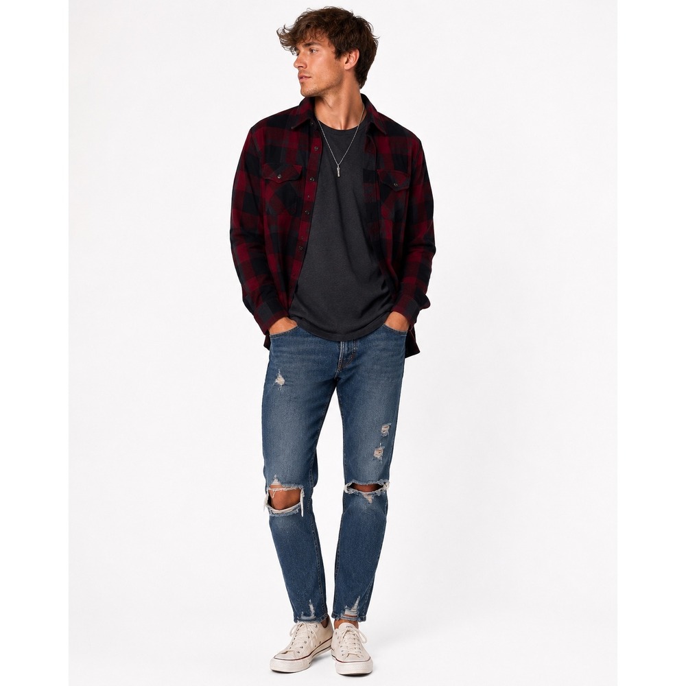 Micros Flannel Shirt Mens Small Red Black Buffalo Plaid Western Snap Button Down